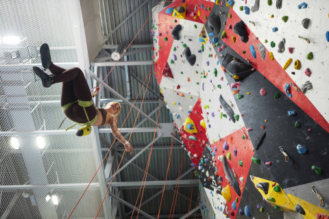 Low angle woman coming down lr